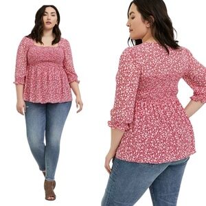 TORRID Babydoll Chiffon Smocked Top Floral Ditsy Print 3/4 Sleeves Partly Lined